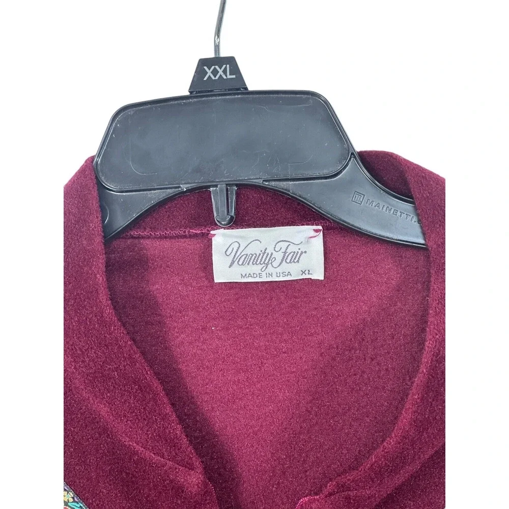 VTG XL VANITY FAIR FLEECE  ROBE HOUSECOAT Burgandy Metallic Accents 1/2 Zippered